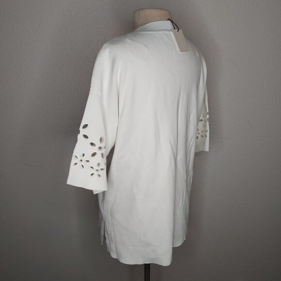 Zara Womens Top Medium Ribbed Short Sleeve Embroidered Flower Sleeves Ivory - Picture 4 of 16
